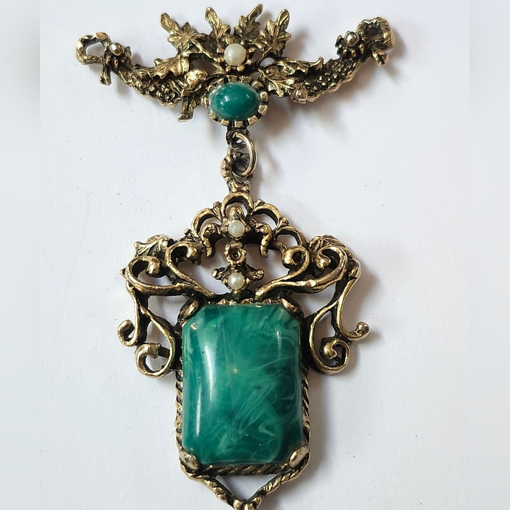 Vintage Gold Plate Green Glass? Centerpiece Baroque Style Pendant 1950's